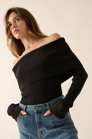 Shaper Fit Rib-Knit Off-Shoulder Foldover Top