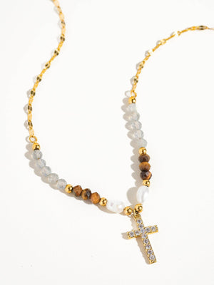 18K Gold Cross Necklace with Beads and Pearls
