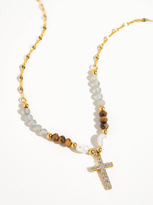 18K Gold Cross Necklace with Beads and Pearls