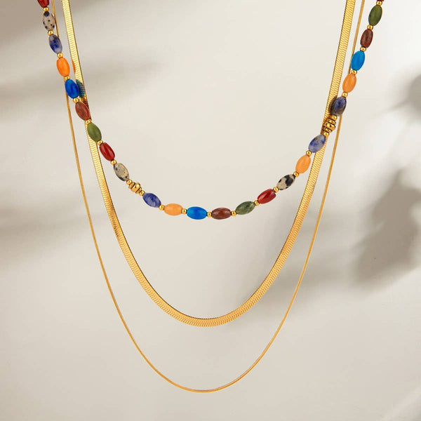 NATURAL STONE  STAINLESS STEEL LAYERED NECKLACE | 40NK9612