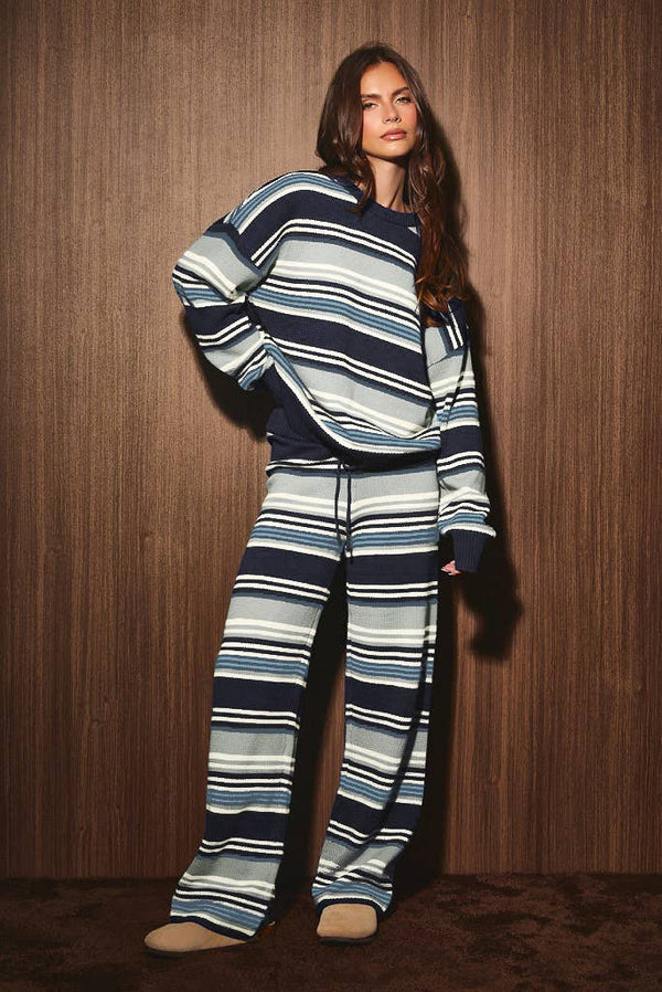 CREW NECK MULTI STRIPE SWEATER WITH WIDE LEG PANTS