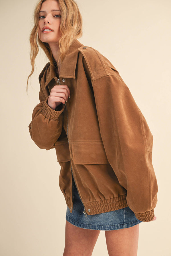 OVERSIZED FRONT POCKETED SUEDE BOMBER JACKET