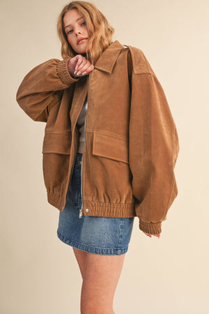 OVERSIZED FRONT POCKETED SUEDE BOMBER JACKET