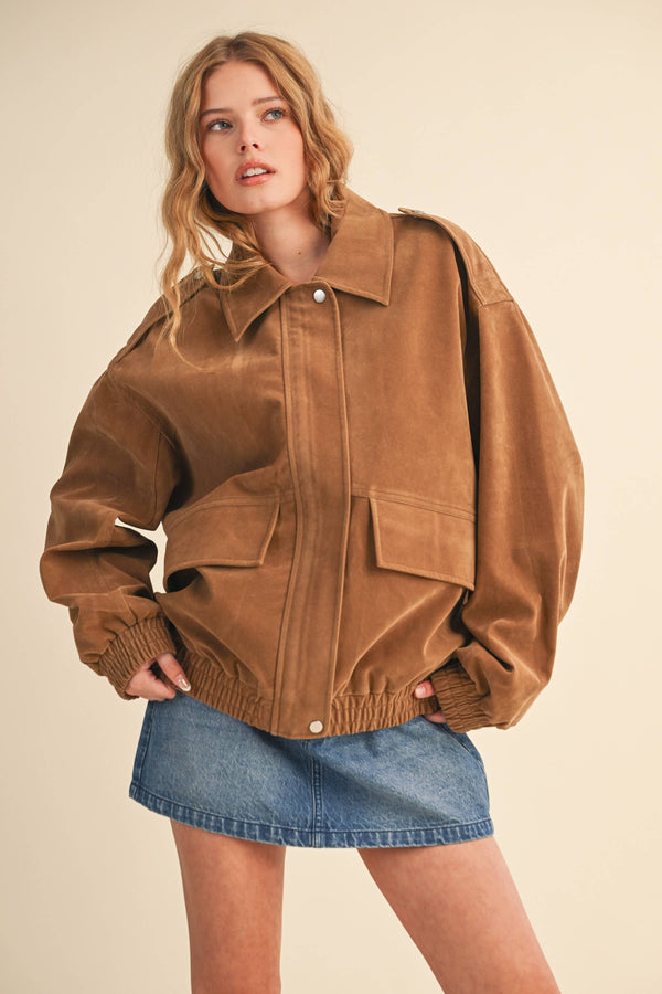 OVERSIZED FRONT POCKETED SUEDE BOMBER JACKET