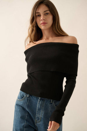 Shaper Fit Rib-Knit Off-Shoulder Foldover Top