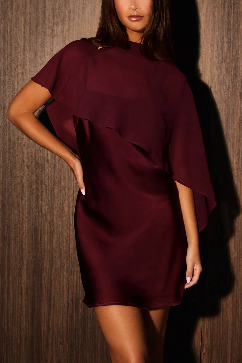 SPAGHETTI STRAP BIAS MINI DRESS WITH SHEER CAPE