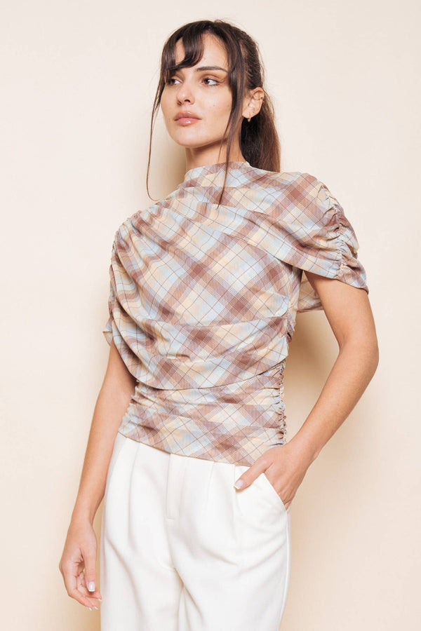 BLUE BROWN YELLOW PLAID ASYMMETRIC CAPE RUCH TOP - TI7186CFO