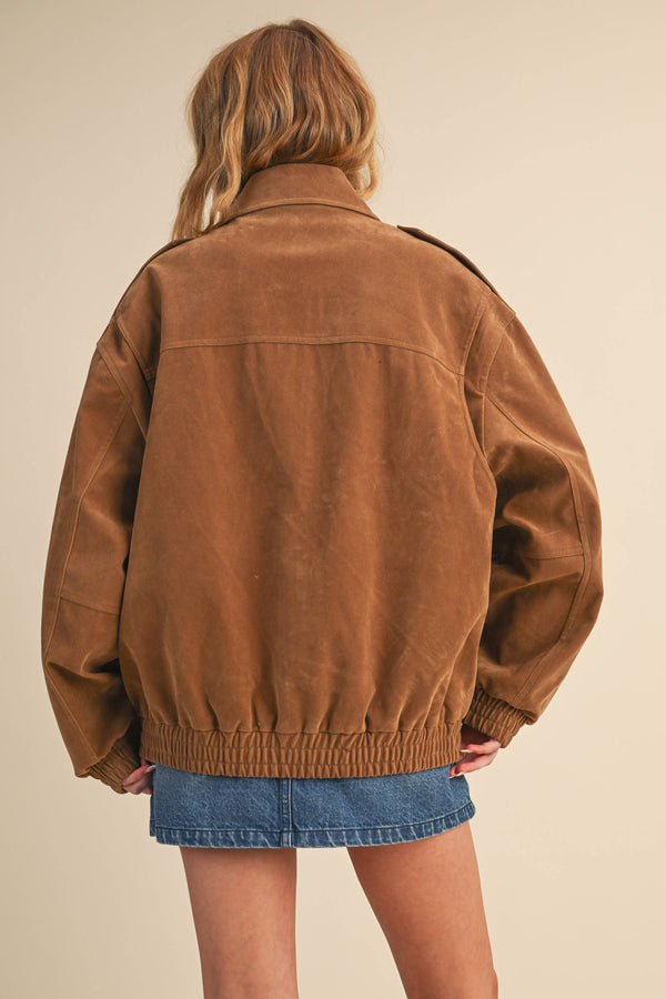 OVERSIZED FRONT POCKETED SUEDE BOMBER JACKET