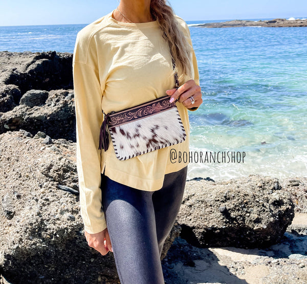 Western Mini Mobile Cowhide Tooled Leather Crossbody