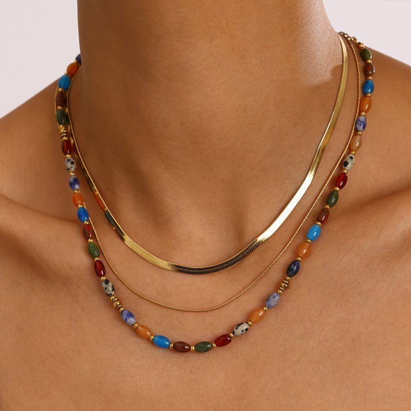 NATURAL STONE  STAINLESS STEEL LAYERED NECKLACE | 40NK9612