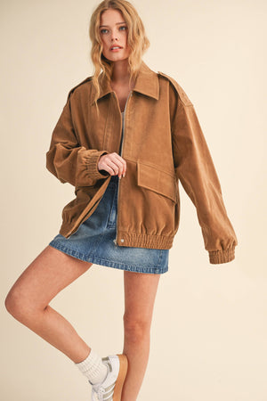 OVERSIZED FRONT POCKETED SUEDE BOMBER JACKET
