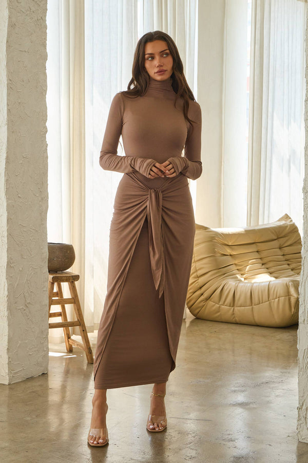 Turtle neck long slv maxi dress w/ wrap knot tie