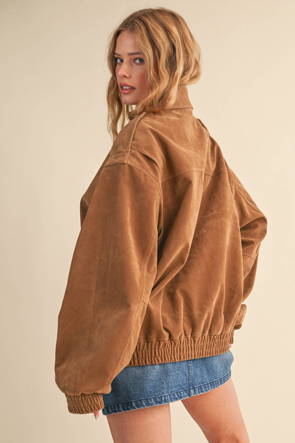 OVERSIZED FRONT POCKETED SUEDE BOMBER JACKET
