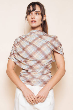 BLUE BROWN YELLOW PLAID ASYMMETRIC CAPE RUCH TOP - TI7186CFO