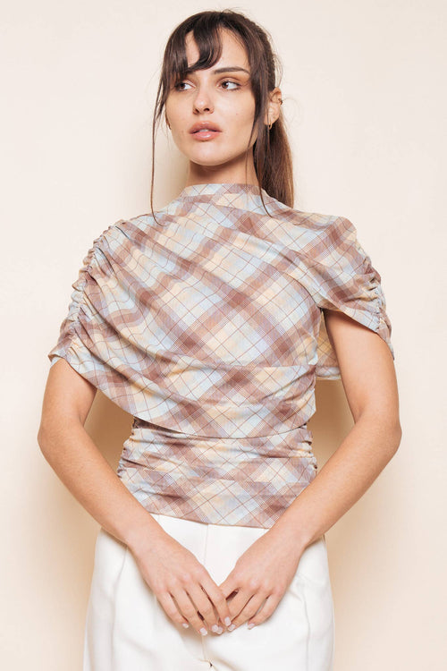 BLUE BROWN YELLOW PLAID ASYMMETRIC CAPE RUCH TOP - TI7186CFO