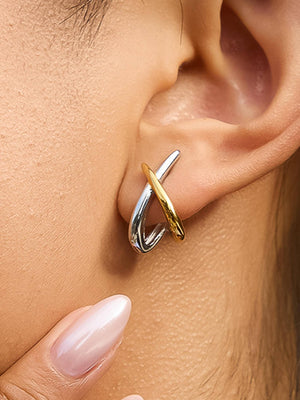 Staven 18K Gold Non-Tarnish Two Tone Crossover Earrings