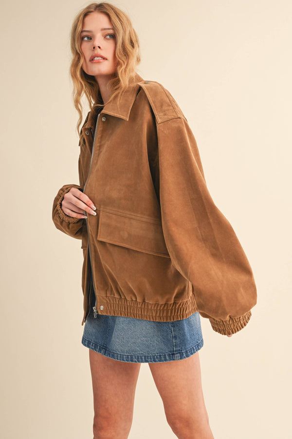 OVERSIZED FRONT POCKETED SUEDE BOMBER JACKET