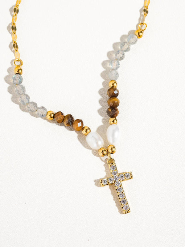 18K Gold Cross Necklace with Beads and Pearls