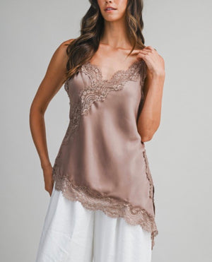 Asymmetrical mocha satin cami