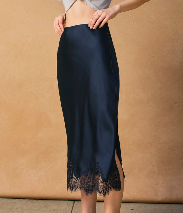 Navy satin midi skirt