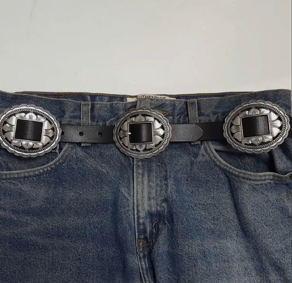 Black genuine leather concho belt