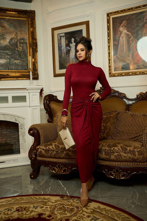 Turtle neck long slv maxi dress w/ wrap knot tie