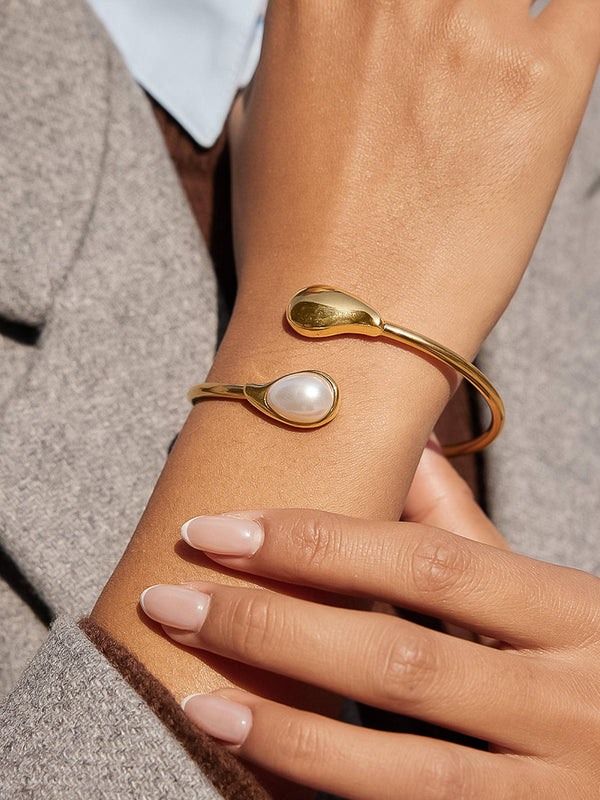 18K Gold Non-Tarnish Open Cuff Stone Bracelet