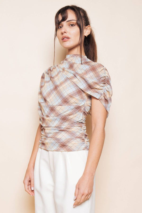 BLUE BROWN YELLOW PLAID ASYMMETRIC CAPE RUCH TOP - TI7186CFO