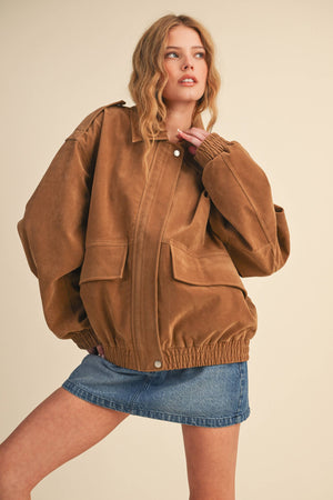 OVERSIZED FRONT POCKETED SUEDE BOMBER JACKET