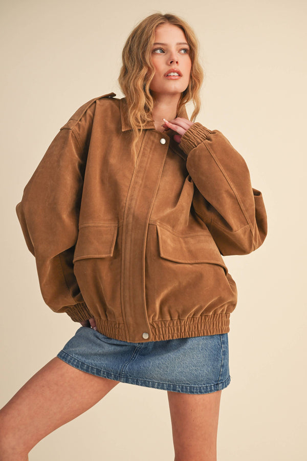 OVERSIZED FRONT POCKETED SUEDE BOMBER JACKET
