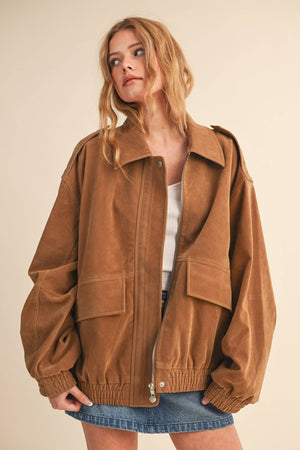 OVERSIZED FRONT POCKETED SUEDE BOMBER JACKET