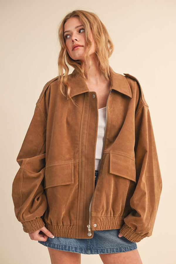 OVERSIZED FRONT POCKETED SUEDE BOMBER JACKET