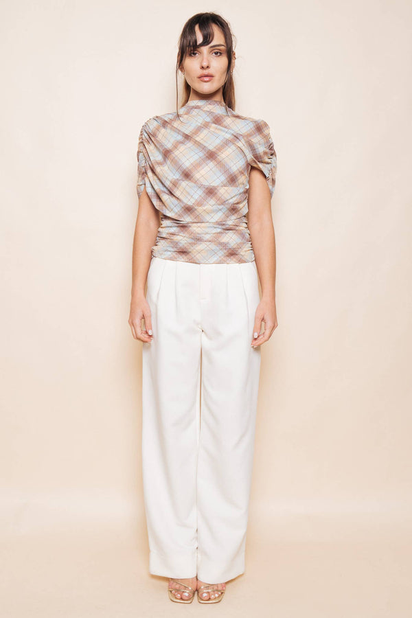 BLUE BROWN YELLOW PLAID ASYMMETRIC CAPE RUCH TOP - TI7186CFO