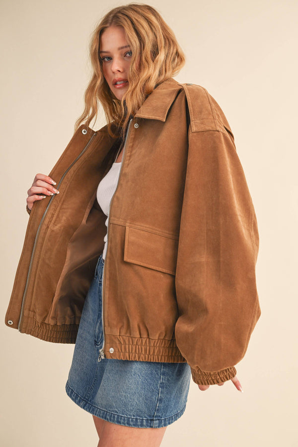 OVERSIZED FRONT POCKETED SUEDE BOMBER JACKET