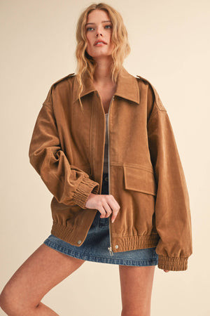 OVERSIZED FRONT POCKETED SUEDE BOMBER JACKET