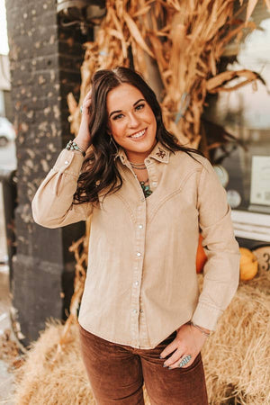 Cream Mineral Wash Button Down Shirt