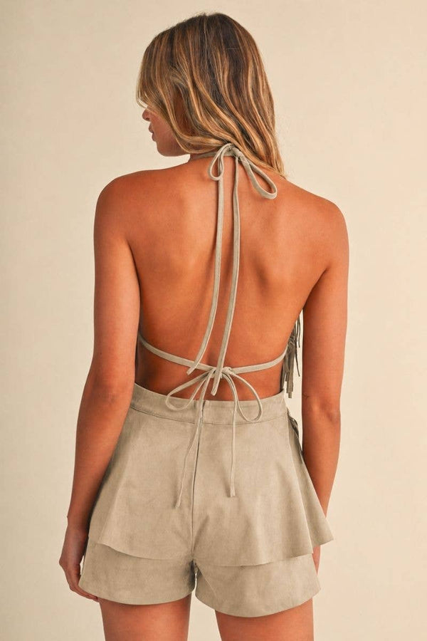 IR2529 FRINGED VEGAN SUEDE COWL HALTER NECK RUFFLED ROMPER