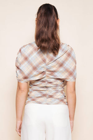 BLUE BROWN YELLOW PLAID ASYMMETRIC CAPE RUCH TOP - TI7186CFO
