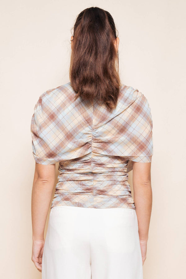 BLUE BROWN YELLOW PLAID ASYMMETRIC CAPE RUCH TOP - TI7186CFO