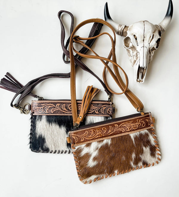 Western Mini Mobile Cowhide Tooled Leather Crossbody