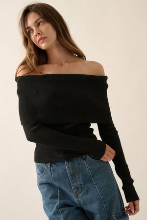 Shaper Fit Rib-Knit Off-Shoulder Foldover Top