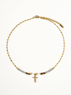 18K Gold Cross Necklace with Beads and Pearls