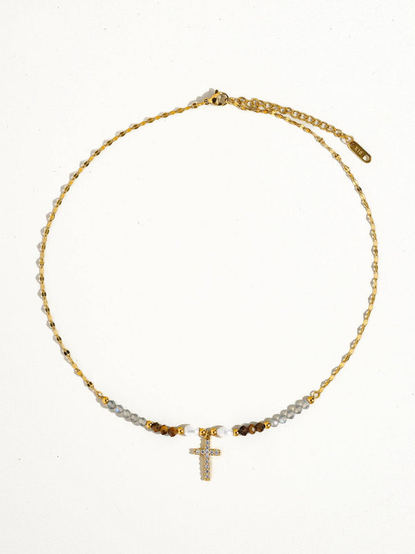 18K Gold Cross Necklace with Beads and Pearls
